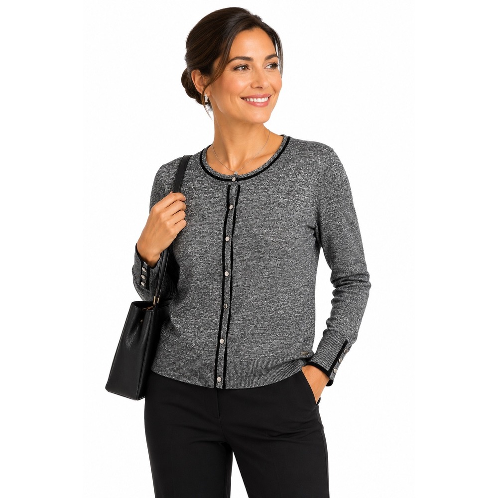 Calvin Klein Marled Grey Button Front Cardigan Sweater Contrast Trim M